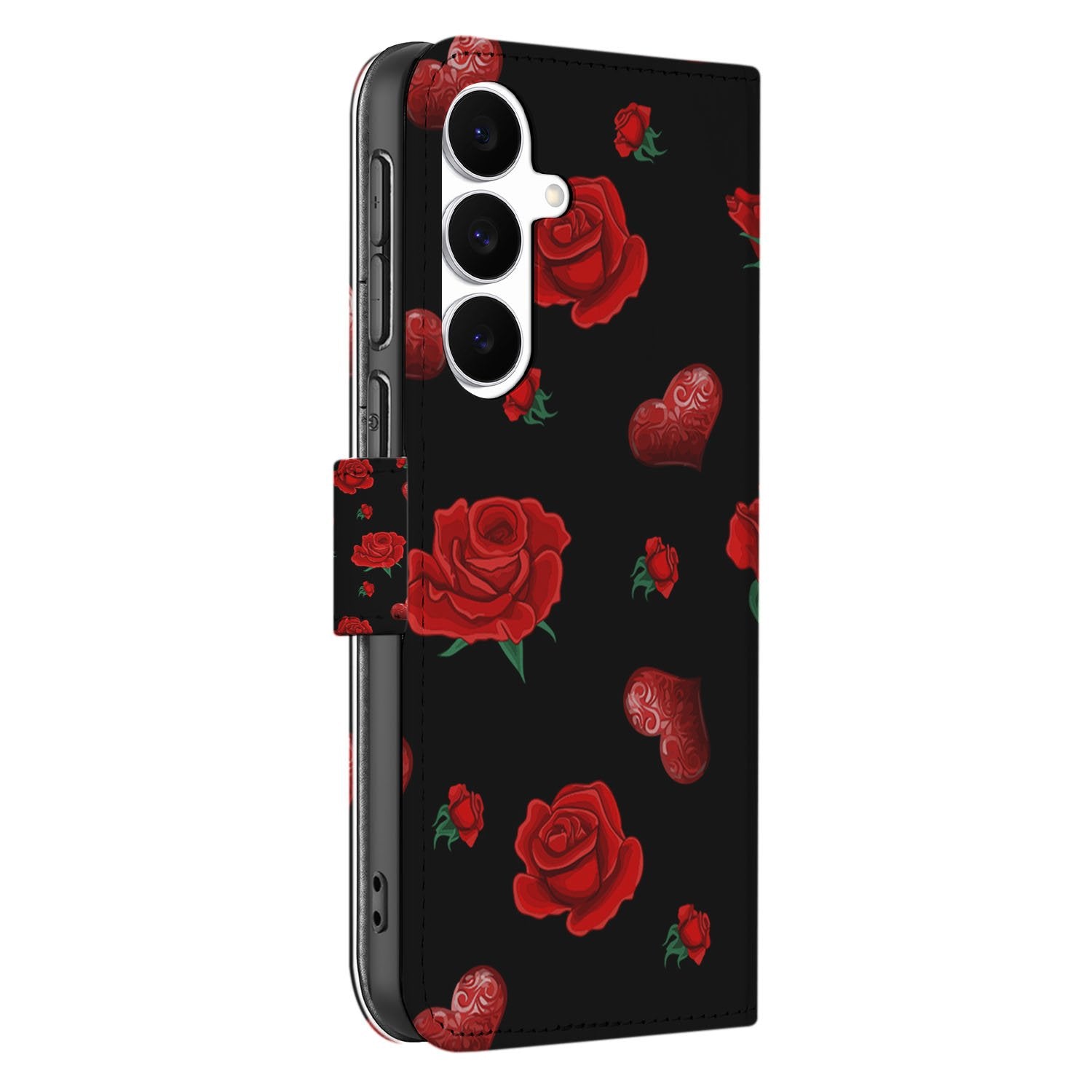 Samsung Galaxy S25 FE Bookcase Hoesje Valentine Met Pasvakjes bookcase hoesje valentine zwart rozen hartjes aanzicht