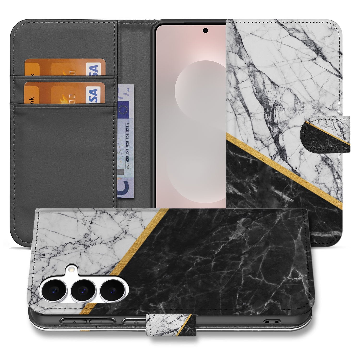 Samsung Galaxy S25 FE Bookcase Marmer Wit Zwart Gouden Lijn boekhoesje met zwart-wit marmer aanzicht