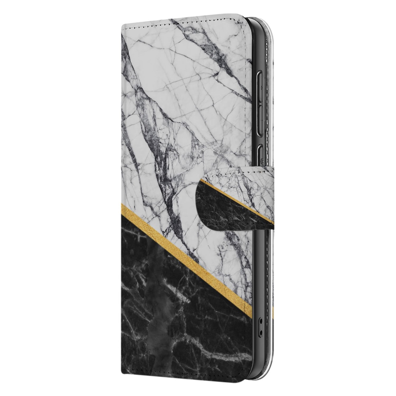 Samsung Galaxy S25 FE Bookcase Marmer Wit Zwart Gouden Lijn boekhoesje design marmer aanzicht
