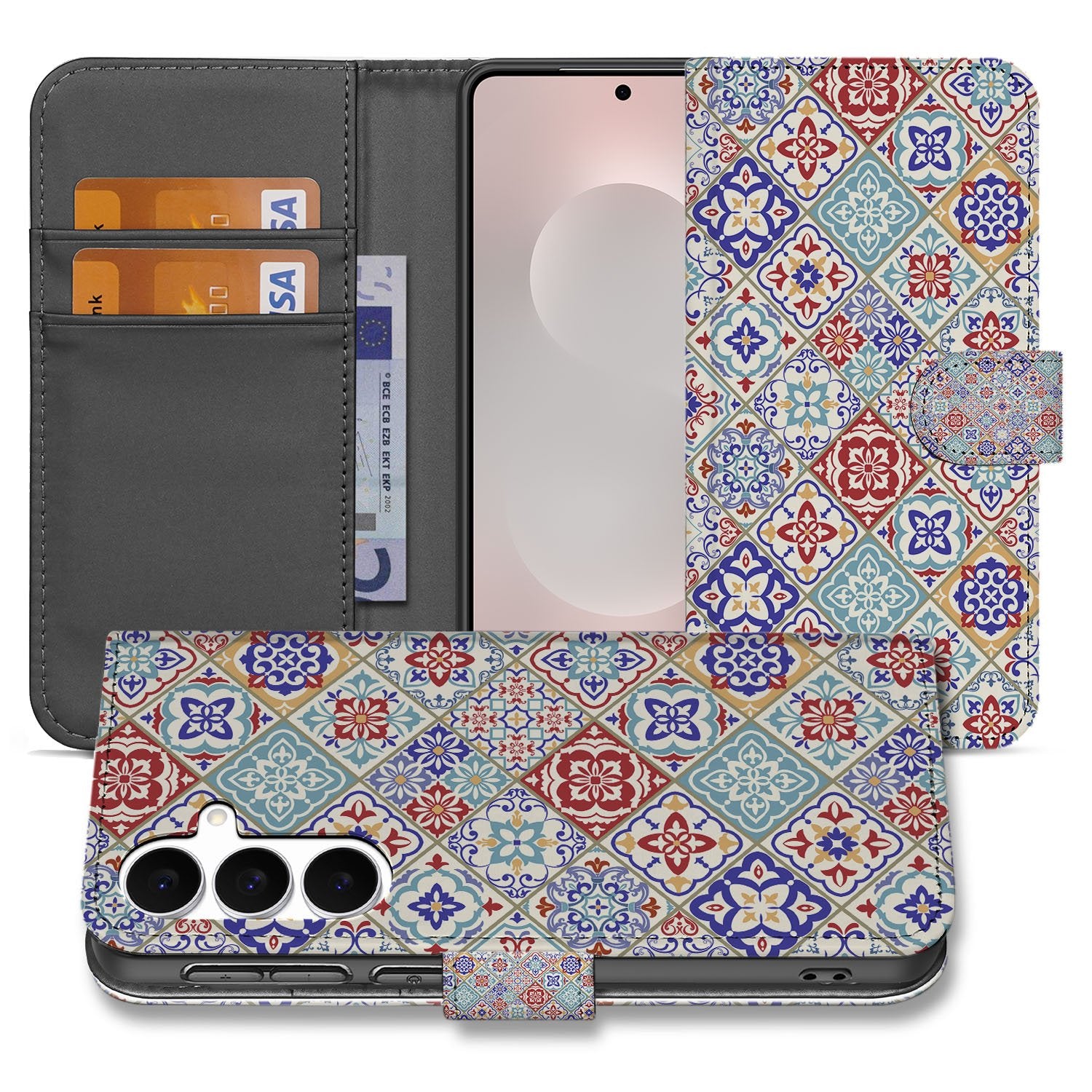 Samsung Galaxy S25 FE Bookcase Tiles Color Met 3 Pasjes Uniek Hoesje bookcase hoesje kleurrijk tegelmotief voorzijde