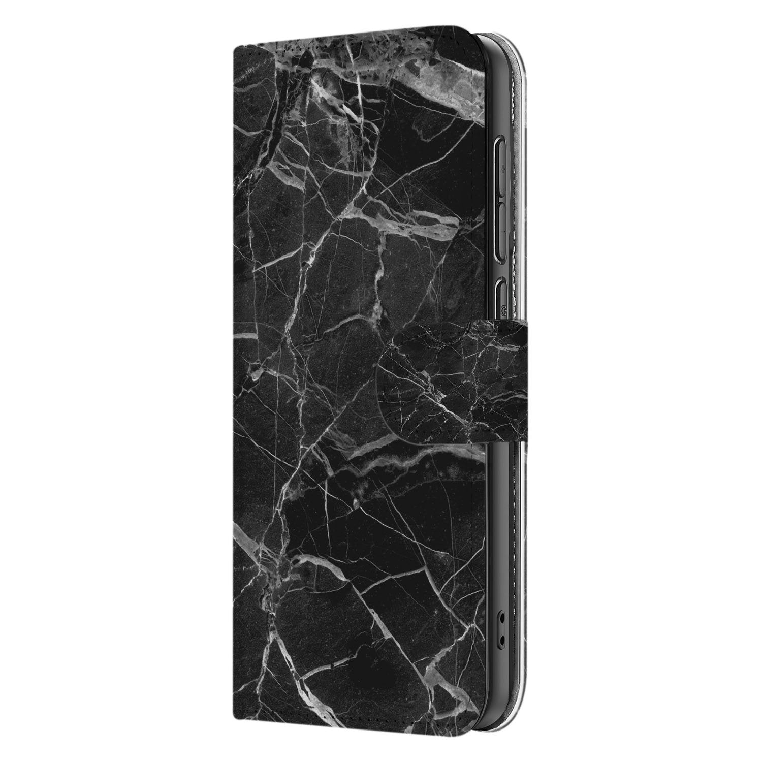 Samsung Galaxy S25 FE Bookcase Zwart Marmer Met Pasjesvak Luxe bookcase zwart marmer zijkant