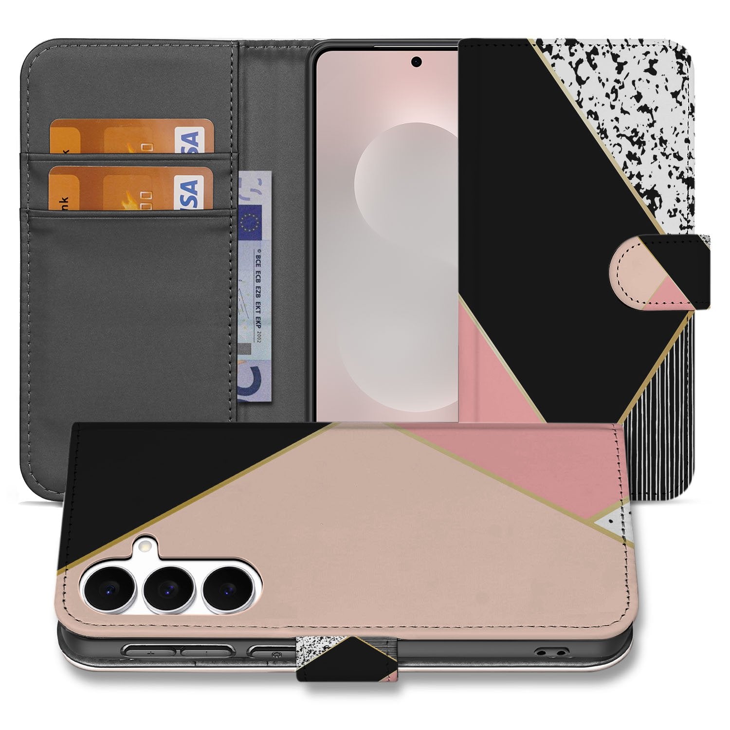 Samsung Galaxy S25 FE Bookcase Zwart Roze Vormen Met 3 Pasjes bookcase geometrisch zwart roos aanzicht