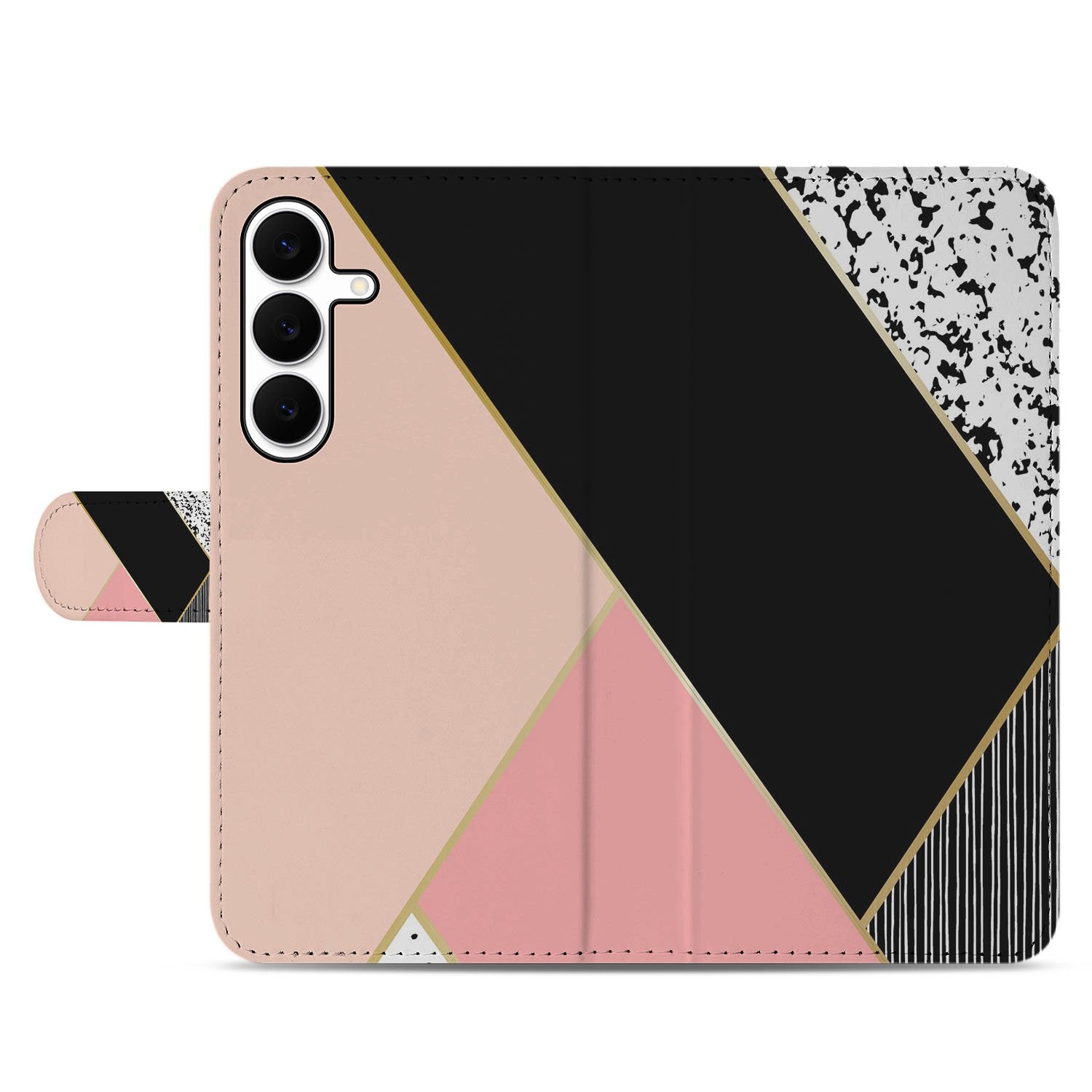 Samsung Galaxy S25 FE Bookcase Zwart Roze Vormen Met 3 Pasjes geometrisch design zwart roze aanzicht