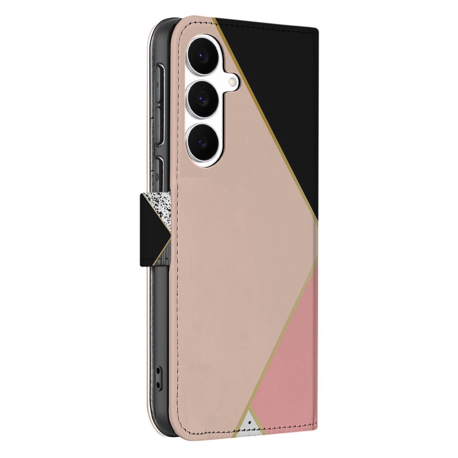 Samsung Galaxy S25 FE Bookcase Zwart Roze Vormen Met 3 Pasjes bookcase geometrisch design zijaanzicht