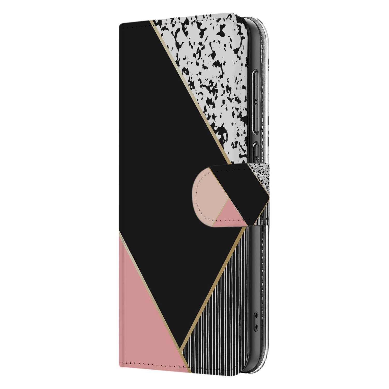 Samsung Galaxy S25 FE Bookcase Zwart Roze Vormen Met 3 Pasjes bookcase geometrisch ontwerp zijaanzicht