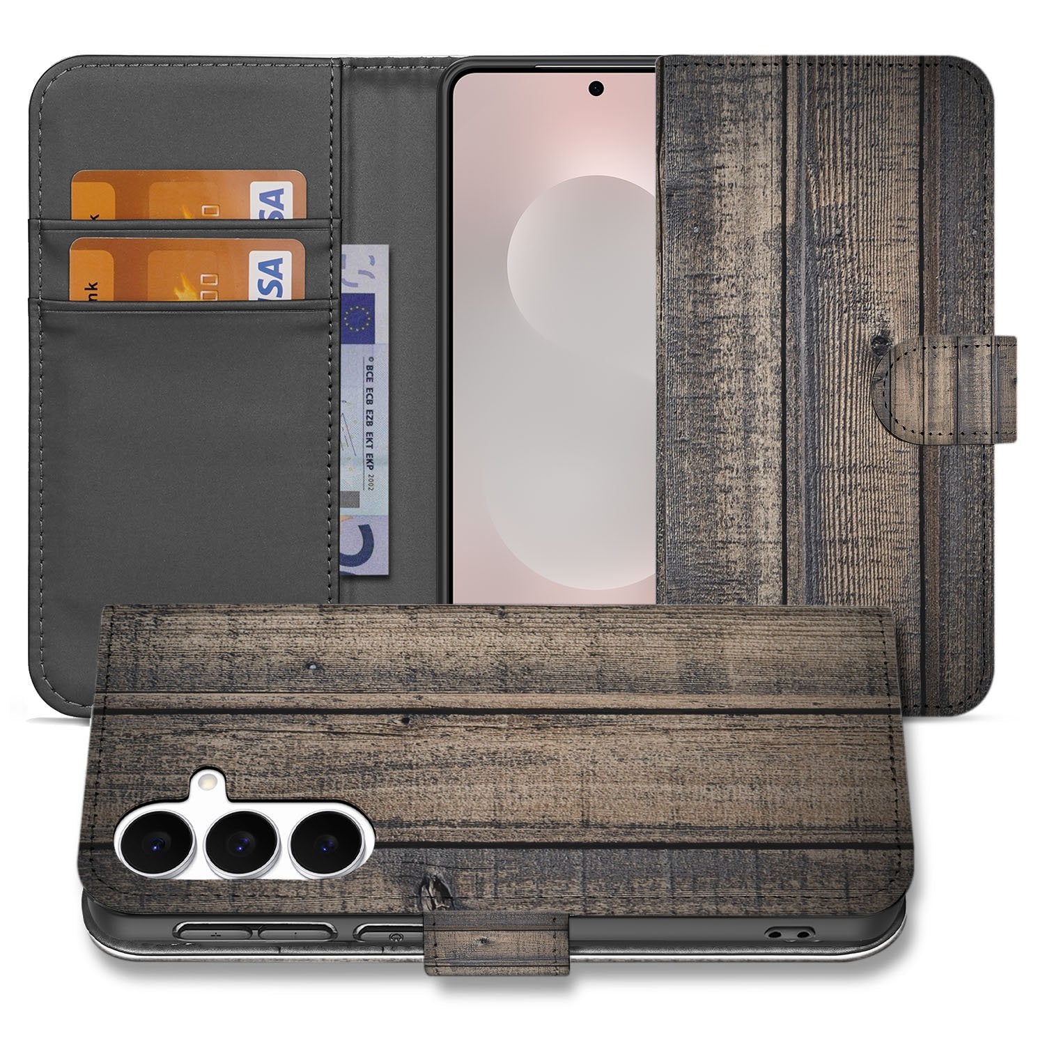 Samsung Galaxy S25 FE Bookstyle Hoes Steigerhout Design Met 3 Pasjes boekhoes steigerhout aanzicht