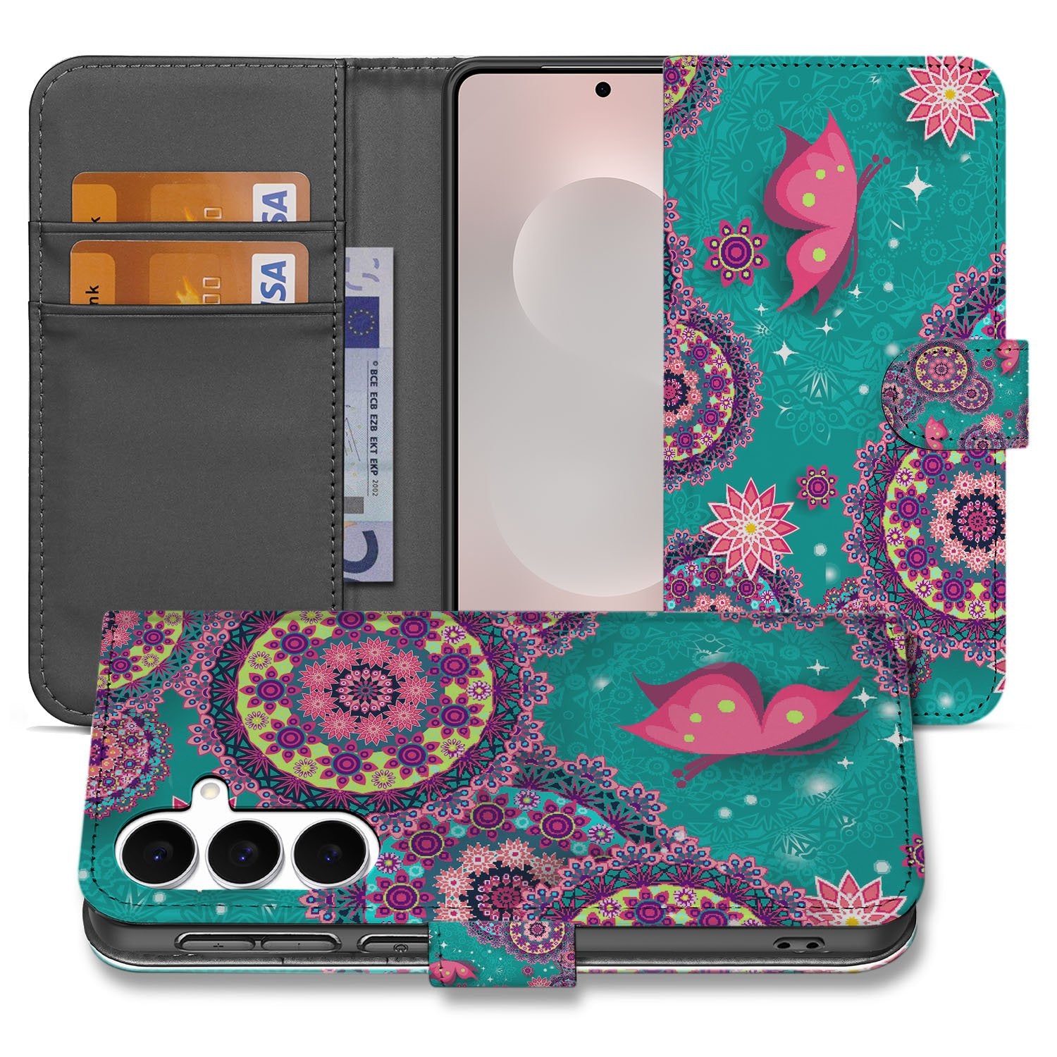 Samsung Galaxy S25 FE Bookstyle Hoesje Met Pasjes Cirkels en Vlinders boekhoesje mandala design voorkant