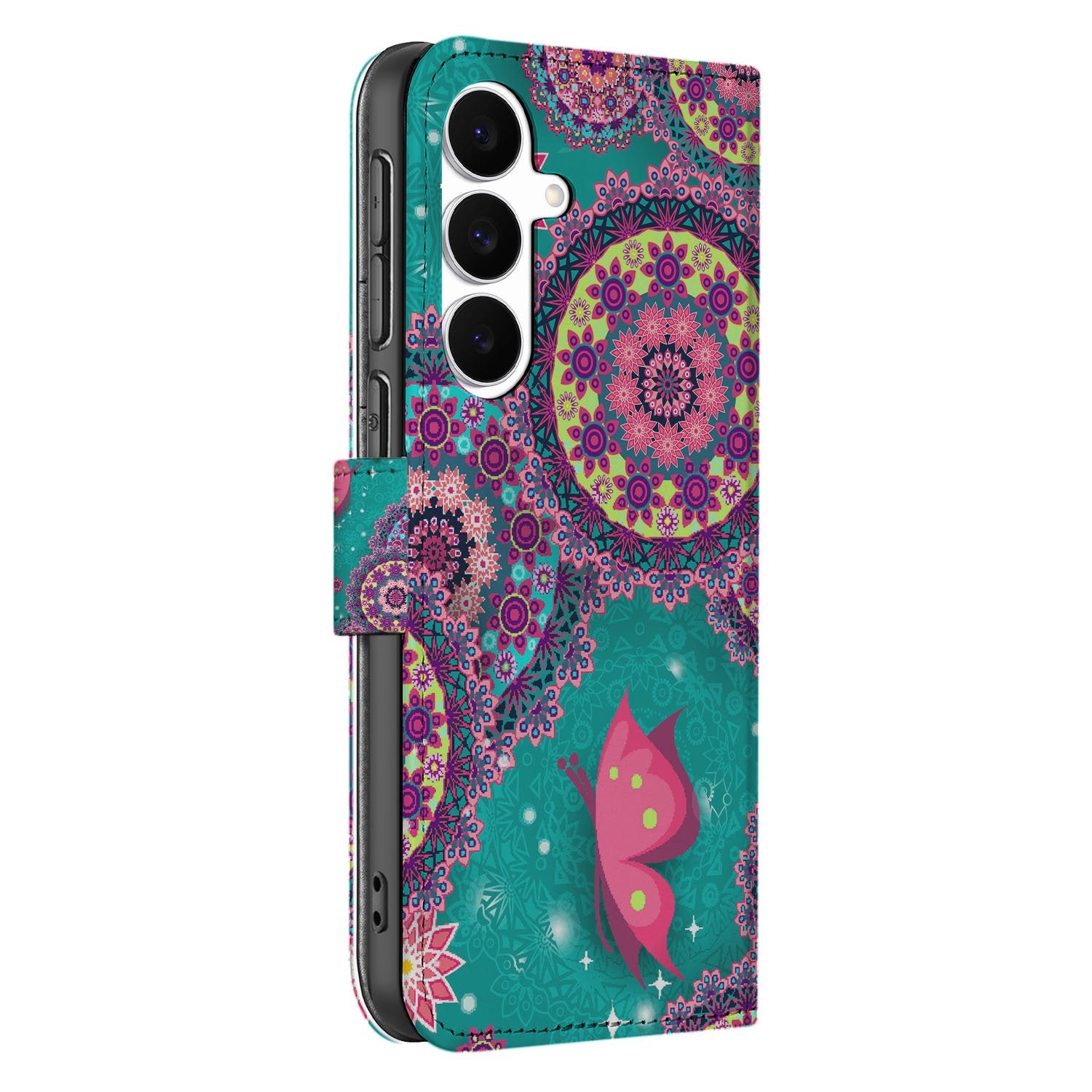Samsung Galaxy S25 FE Bookstyle Hoesje Met Pasjes Cirkels en Vlinders kleurrijk mandala vlinders zijkant