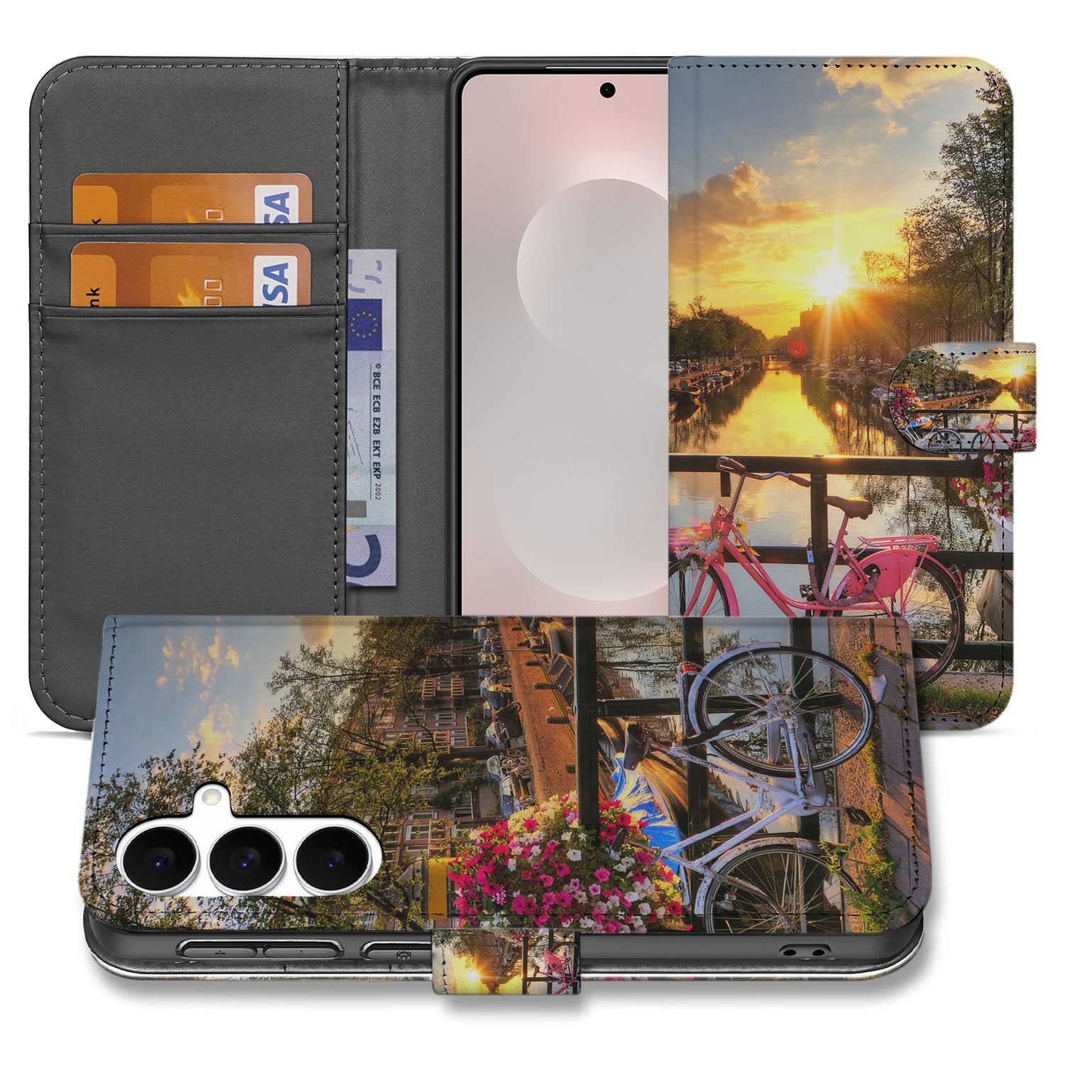 Samsung Galaxy S25 FE Flip Cover Bookcase Amsterdamse Grachten Zwart voorkant achterzijde schuin
