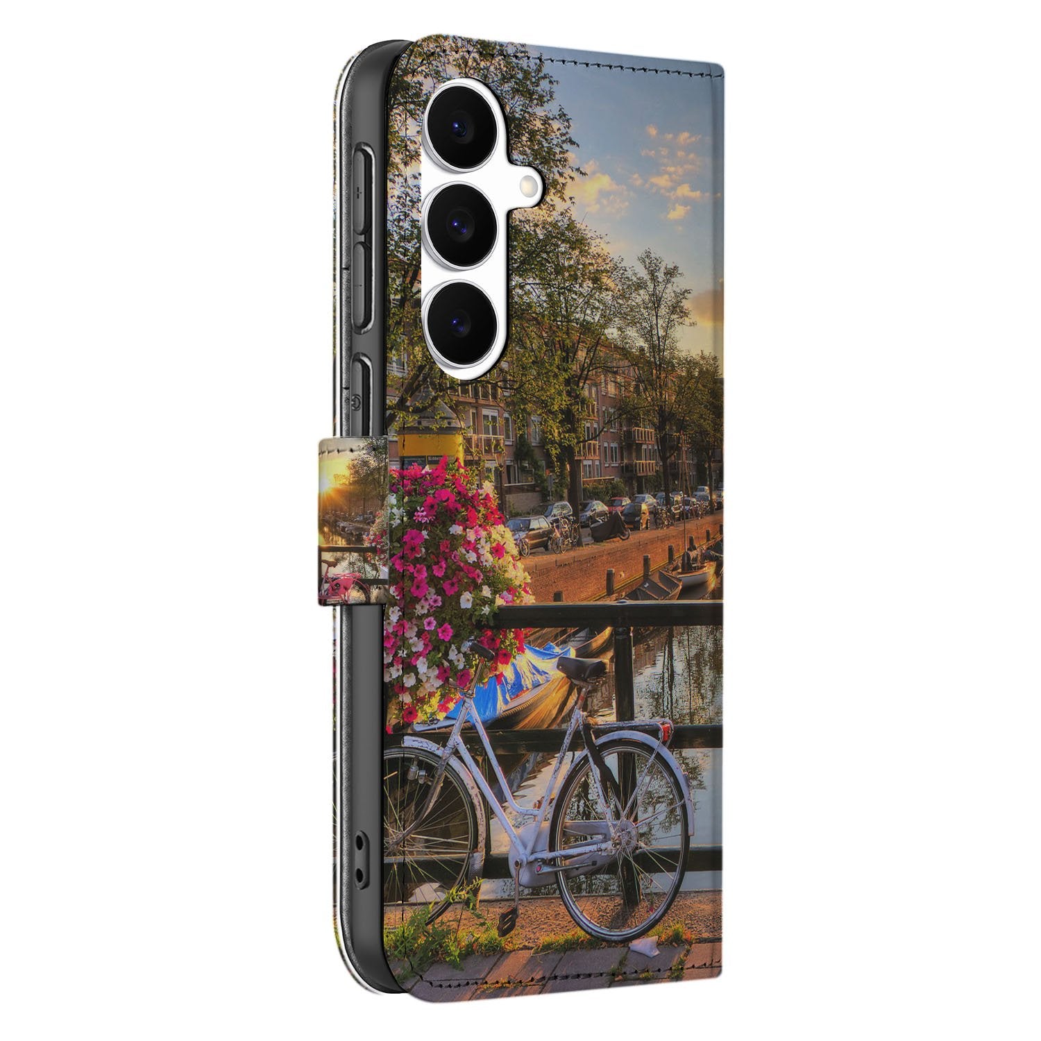 Samsung Galaxy S25 FE Flip Cover Bookcase Amsterdamse Grachten Zwart design Amsterdamse Grachten aanzicht