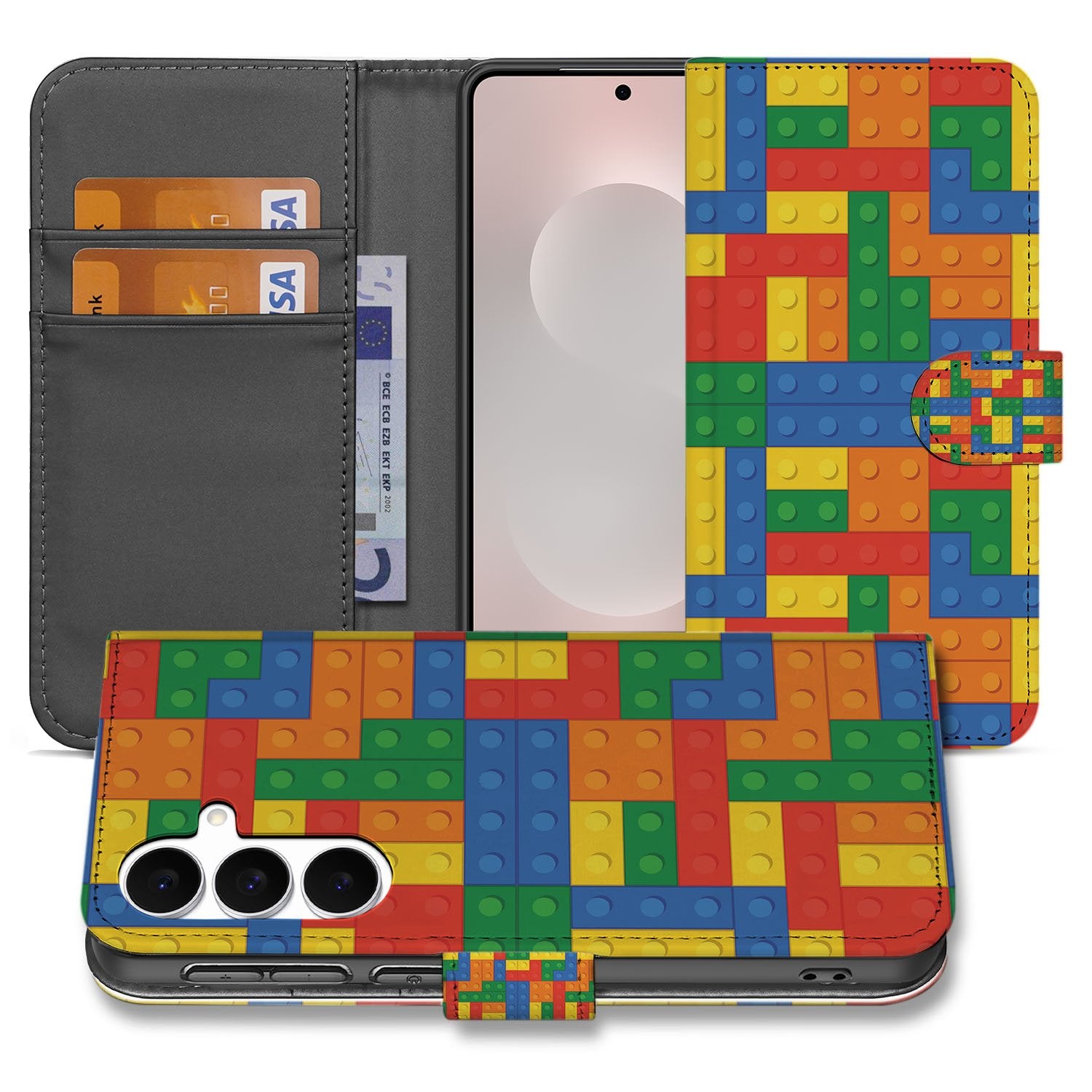 Samsung Galaxy S25 FE Hoesje Blokken Design Met 3 Pasjes Kleurrijk boekhoesje kleurrijk blokken ontwerp aanzicht