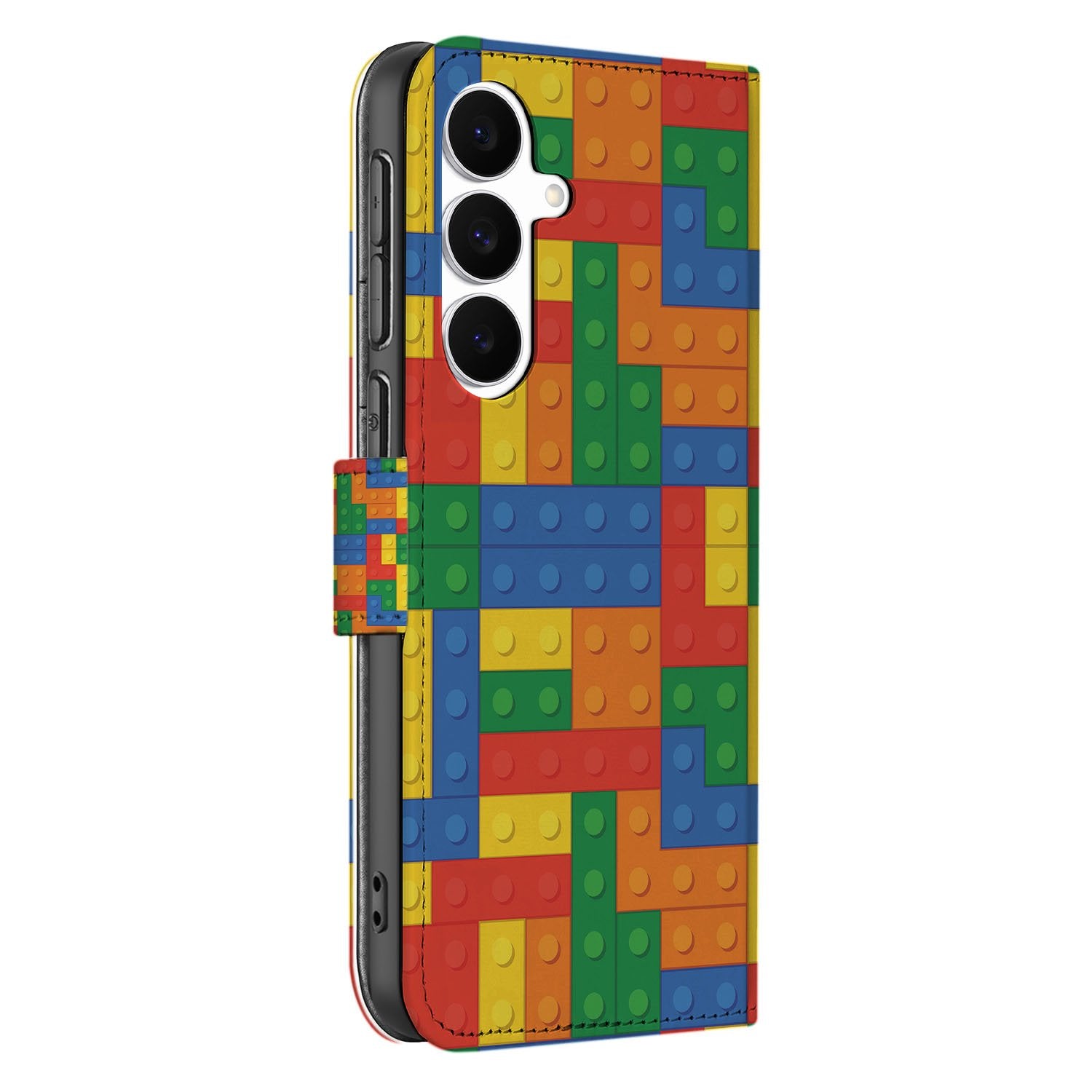 Samsung Galaxy S25 FE Hoesje Blokken Design Met 3 Pasjes Kleurrijk zij aanzicht kleurrijk blokken design