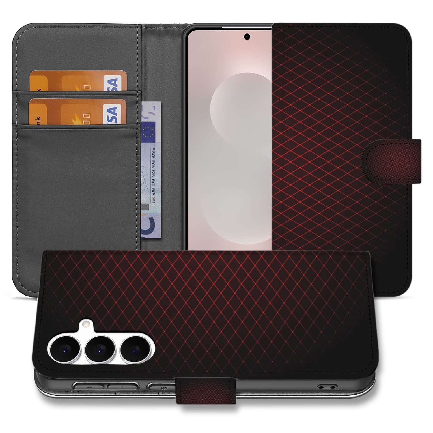 Samsung Galaxy S25 FE Hoesje Bookcase Geruit Rood Met 3 Pasjes design geruit aanzicht