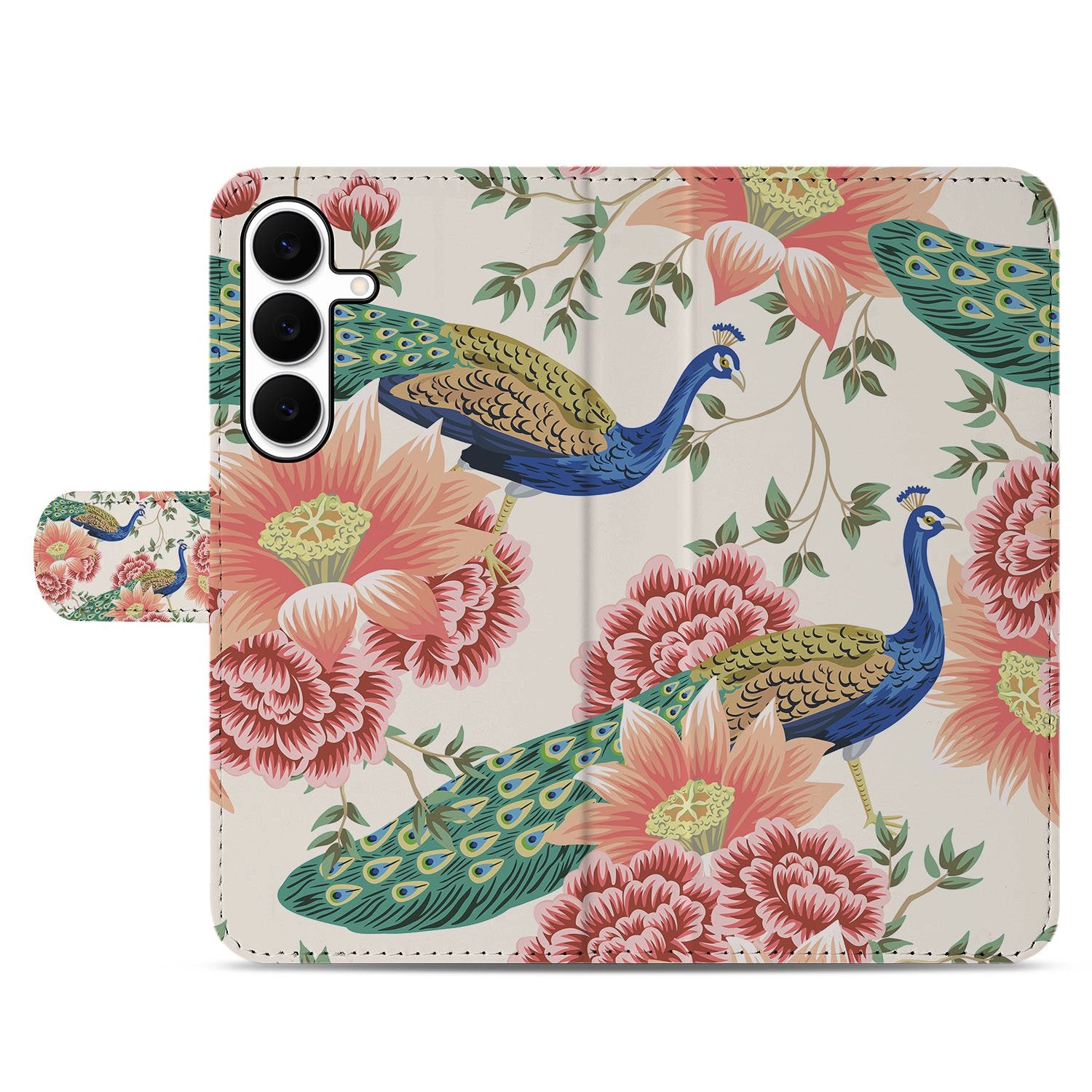 Samsung Galaxy S25 FE Hoesje Met Pasjes Pink Peacock PU Leer 3 Pasjes boekhoesje bloemen design voorkant