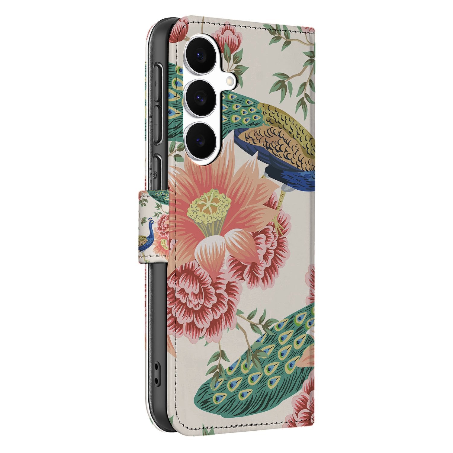 Samsung Galaxy S25 FE Hoesje Met Pasjes Pink Peacock PU Leer 3 Pasjes detailzijde