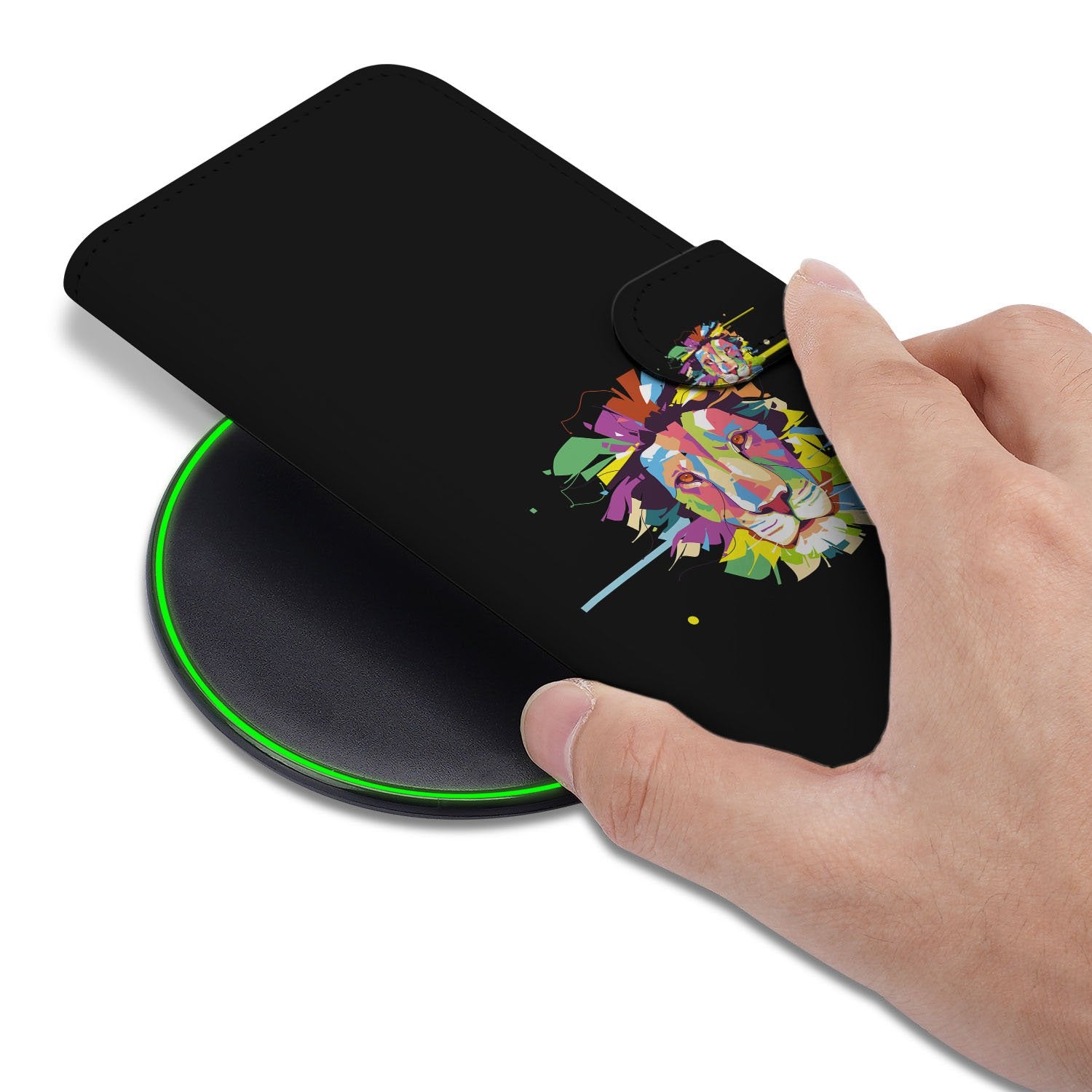 Samsung Galaxy S25 FE Leuk Hoesje Lion Color Met 2 Pasjesvakjes hand aanzicht