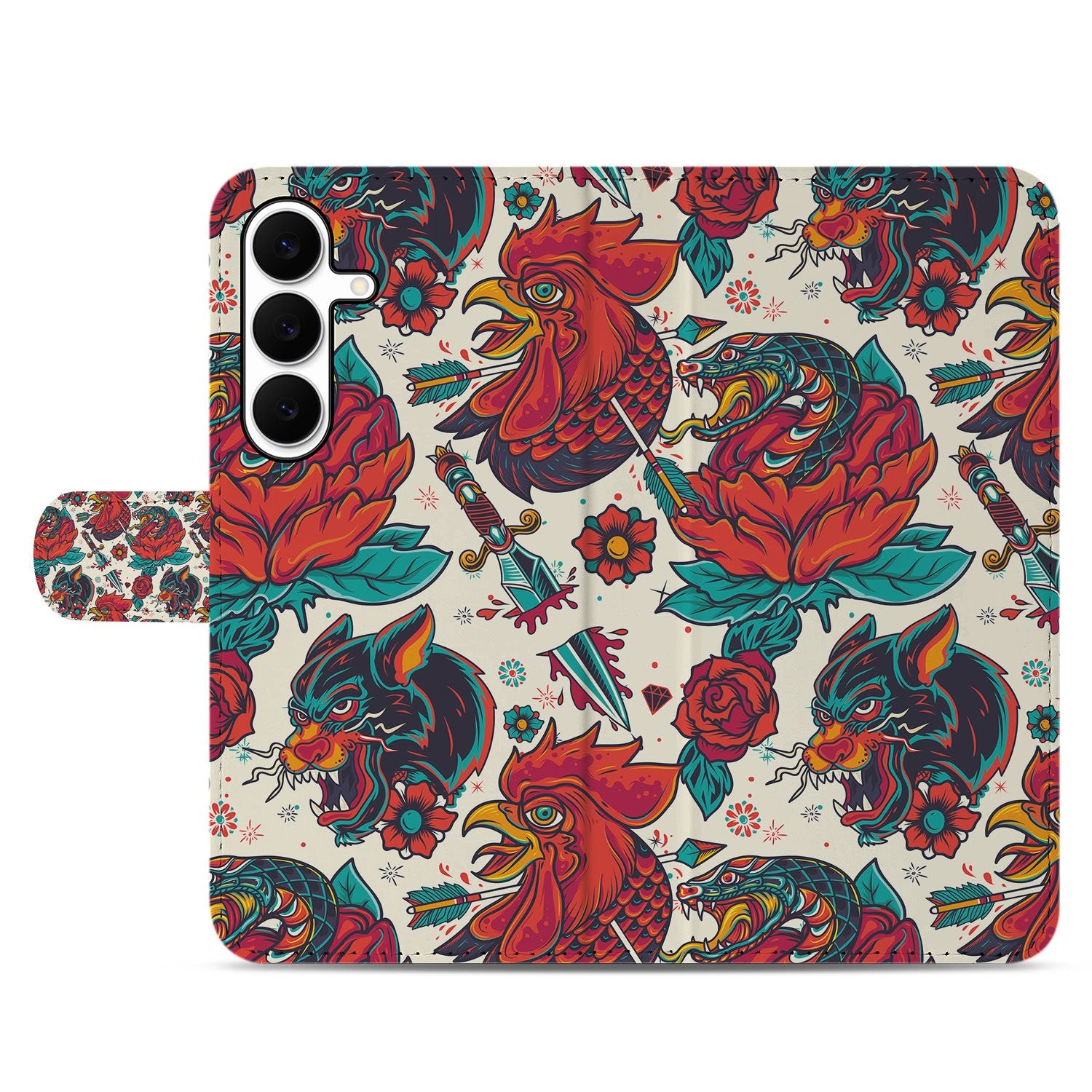 Samsung Galaxy S25 FE Old Skool Hoesje PU-Leer Met 3 Pasjes vintage tattoo print boekhoesje voorzijde