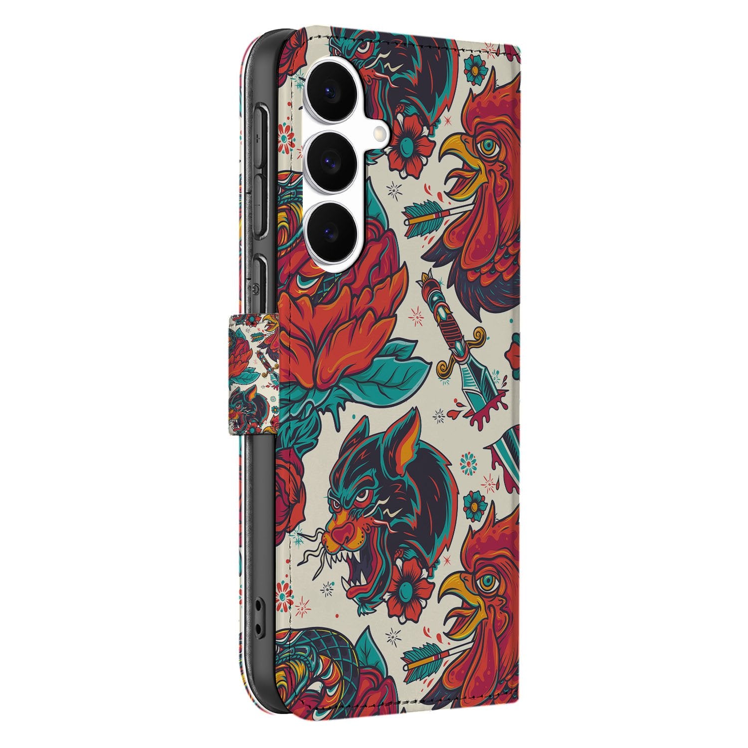 Samsung Galaxy S25 FE Old Skool Hoesje PU-Leer Met 3 Pasjes vintage tattoo print side view