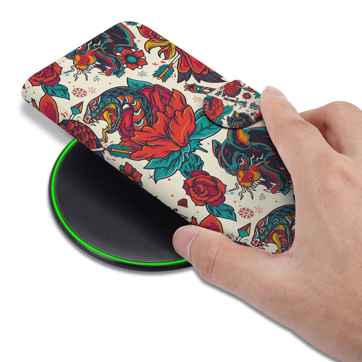 Samsung Galaxy S25 FE Old Skool Hoesje PU-Leer Met 3 Pasjes vintage-tattoo design hand aanzicht
