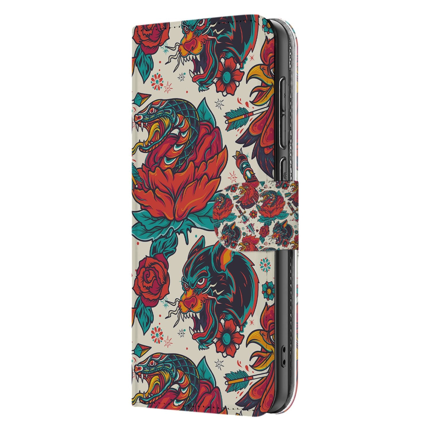 Samsung Galaxy S25 FE Old Skool Hoesje PU-Leer Met 3 Pasjes boekhoesje vintage-tattoo print zijaanzicht