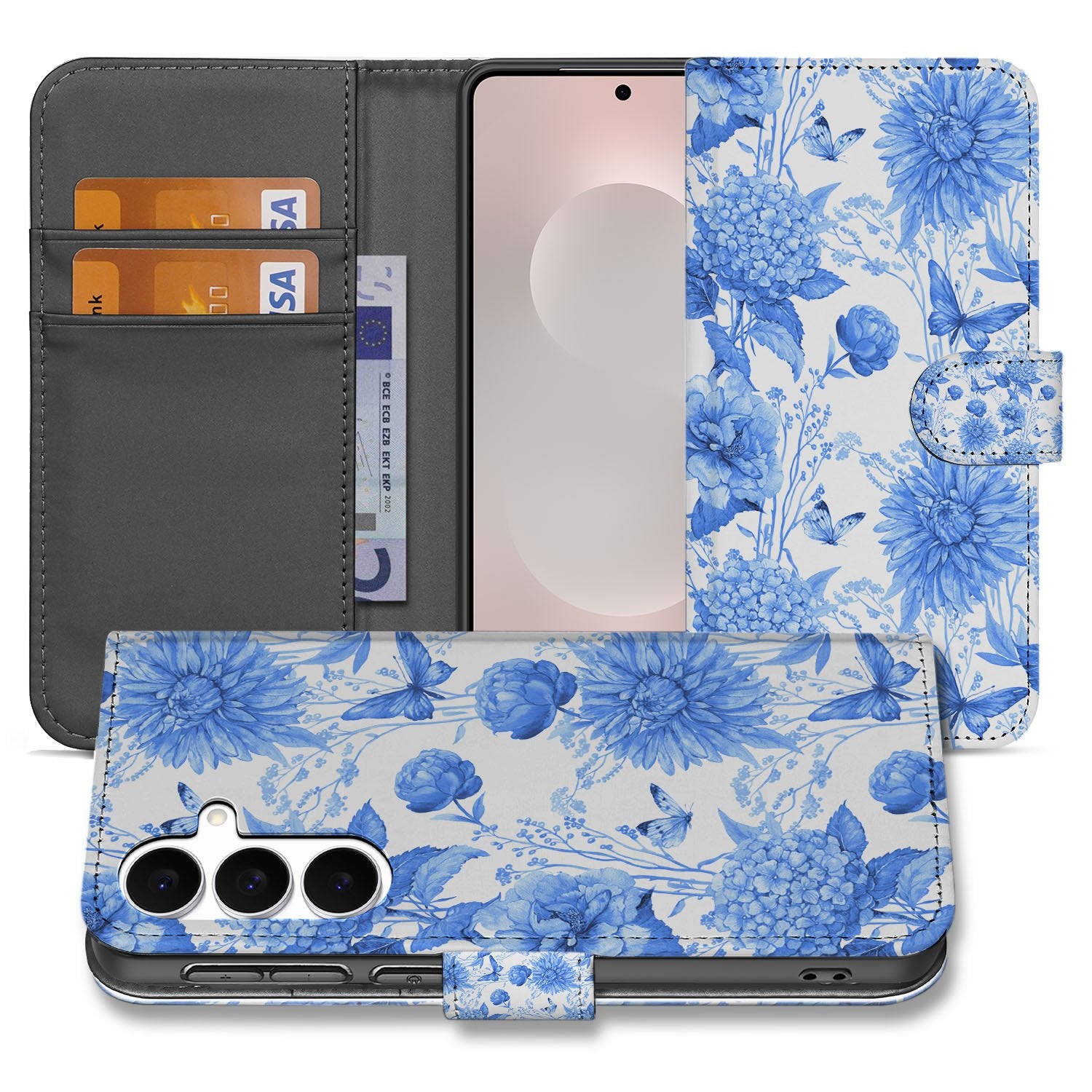Samsung Galaxy S25 FE Portemonnee Hoesje Blauw Bloemen PU-Leer 3 Pasjes design blauw bloemen vooraanzicht