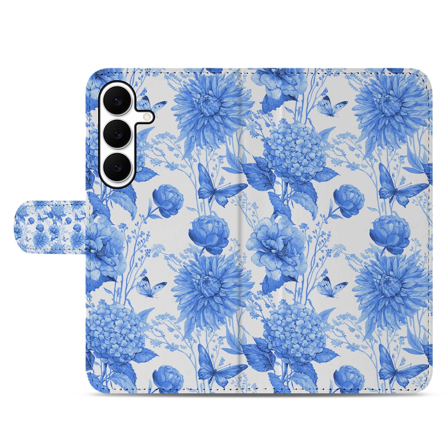 Samsung Galaxy S25 FE Portemonnee Hoesje Blauw Bloemen PU-Leer 3 Pasjes design blauw bloemen vooraanzicht