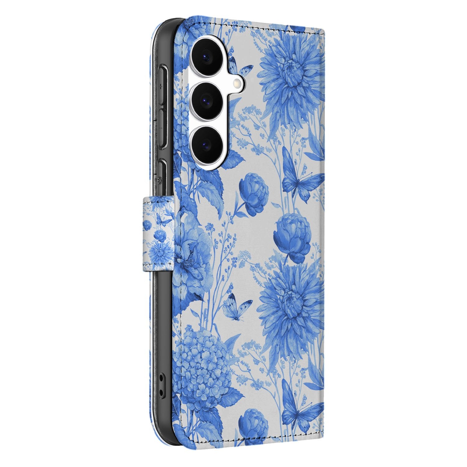 Samsung Galaxy S25 FE Portemonnee Hoesje Blauw Bloemen PU-Leer 3 Pasjes design blauw bloemen aanzicht