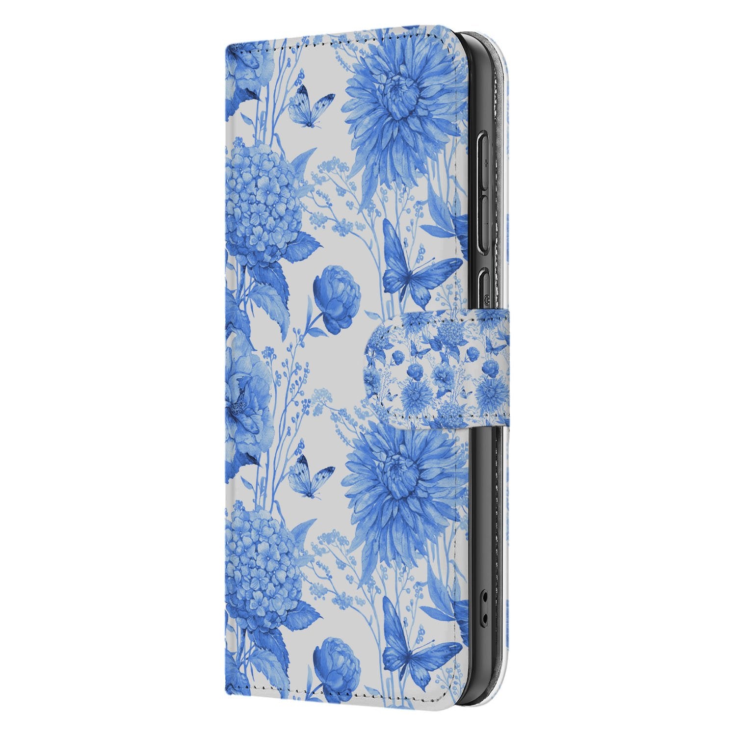 Samsung Galaxy S25 FE Portemonnee Hoesje Blauw Bloemen PU-Leer 3 Pasjes bloemen motief zijkant