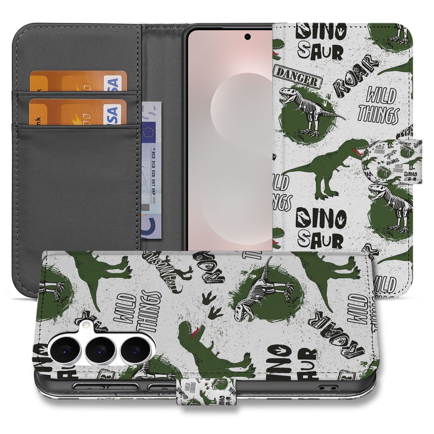 Samsung Galaxy S25 FE Portemonnee Hoesje Met Pasjes Dino Print PU Leer dino print portemonnee hoesje voorkant