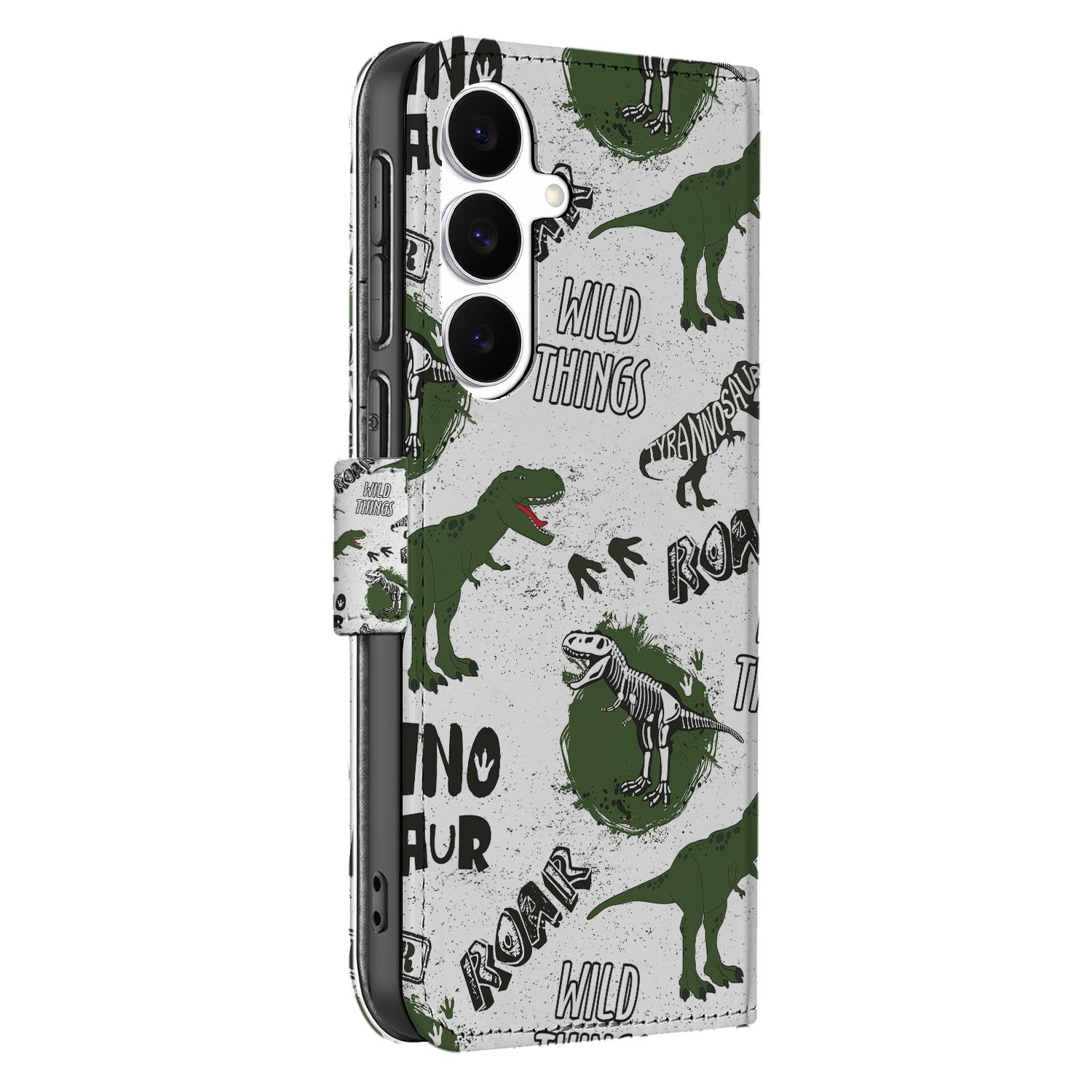 Samsung Galaxy S25 FE Portemonnee Hoesje Met Pasjes Dino Print PU Leer dino print wallet case side view