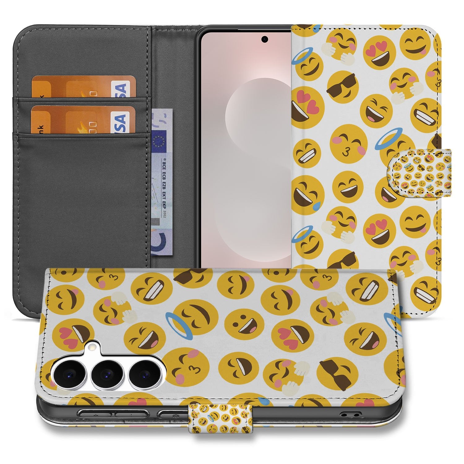 Samsung Galaxy S25 FE Telefoon Hoesje Emoji book case emoji print binnenzijde zwart