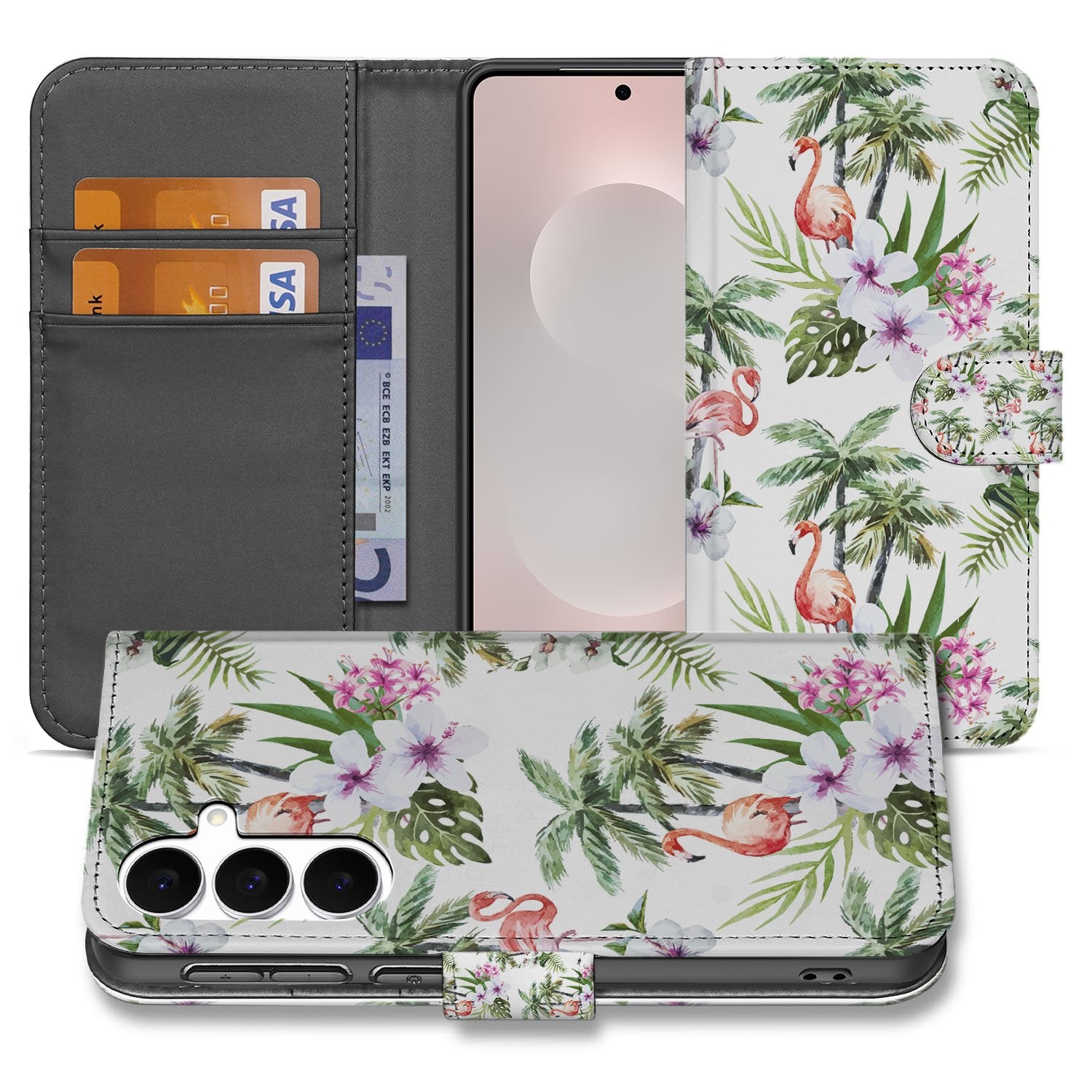 Samsung Galaxy S25 FE Telefoonhoesje met Pasjes Flamingo Palms boekhoesje tropisch dessin aanzicht