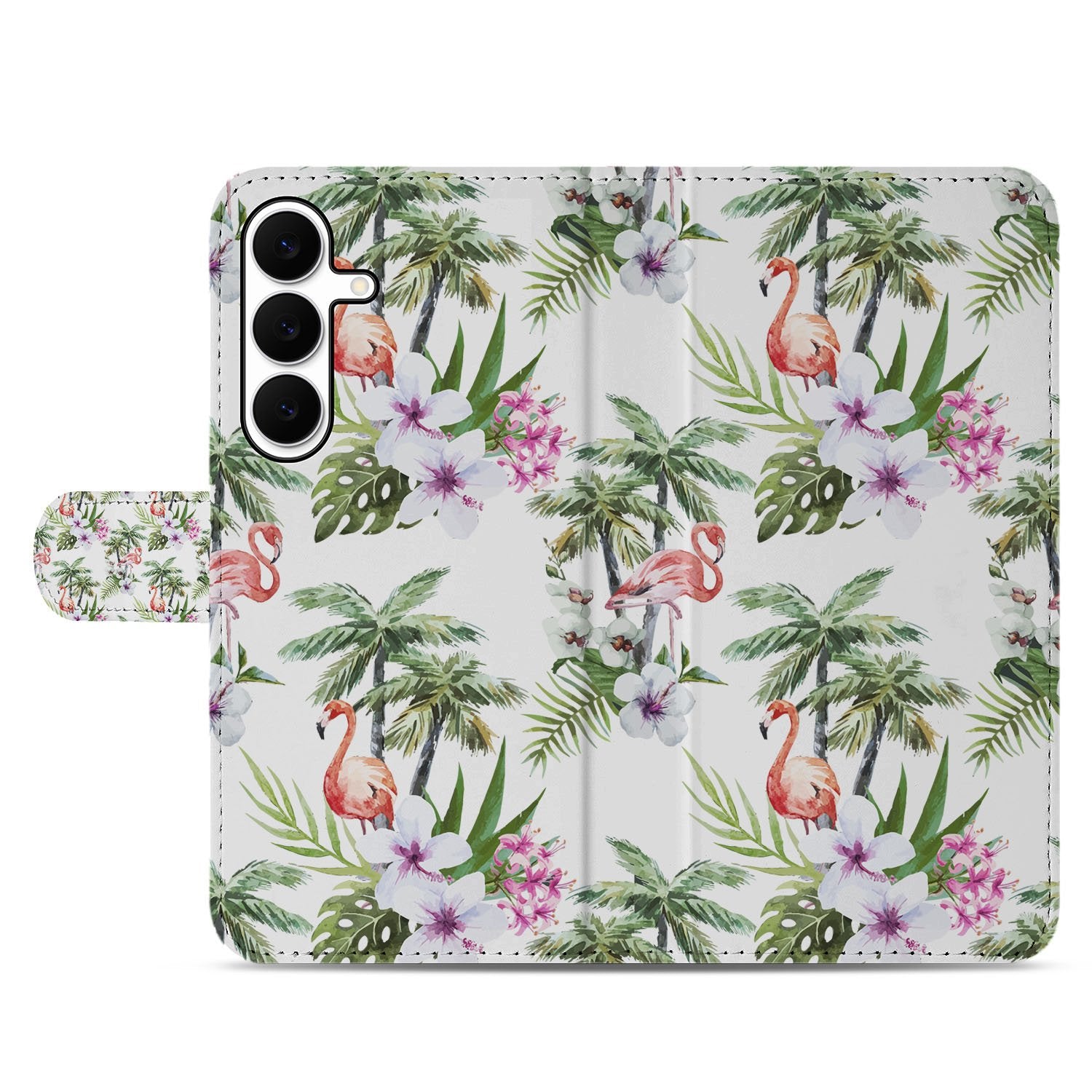 Samsung Galaxy S25 FE Telefoonhoesje met Pasjes Flamingo Palms boekhoesje tropisch dessin vooraanzicht