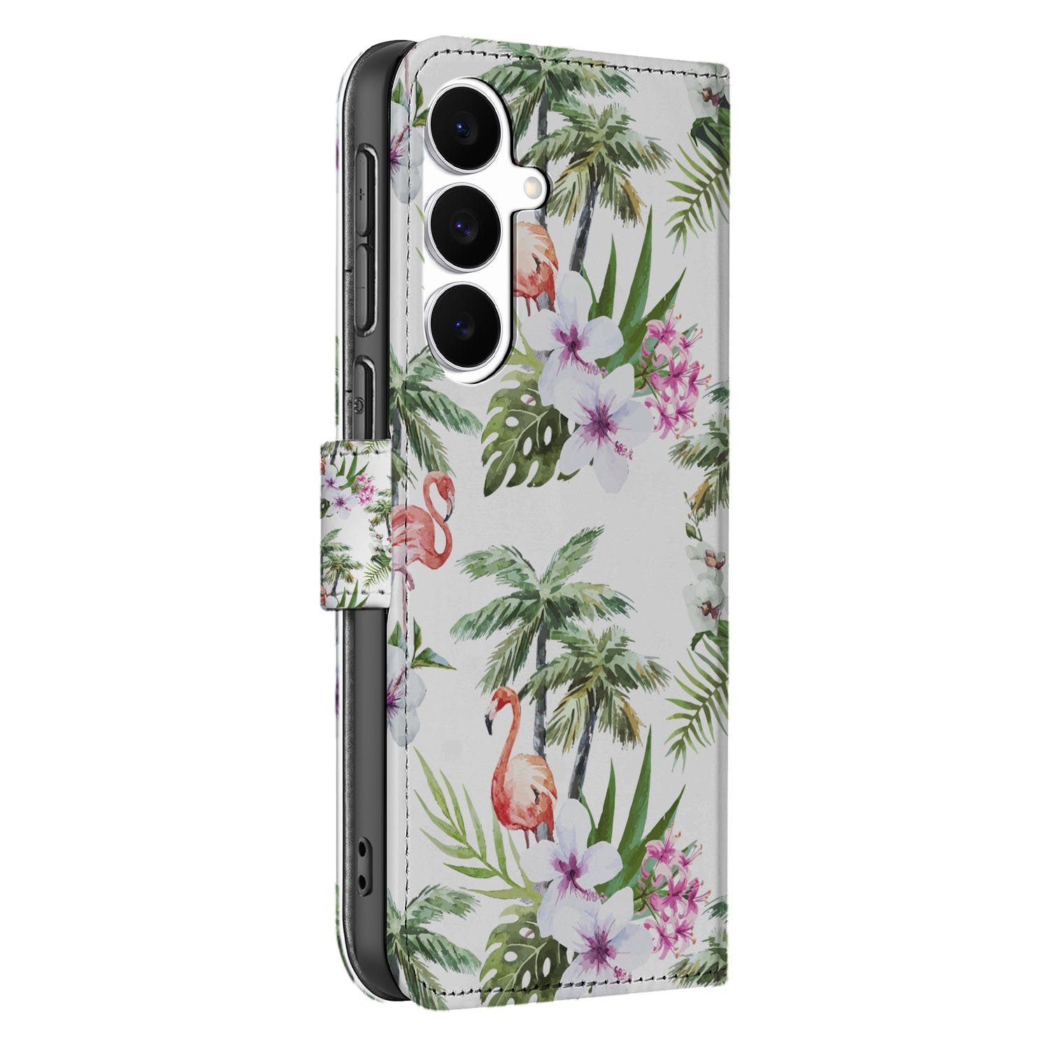 Samsung Galaxy S25 FE Telefoonhoesje met Pasjes Flamingo Palms boekhoesje tropisch dessin zijaanzicht