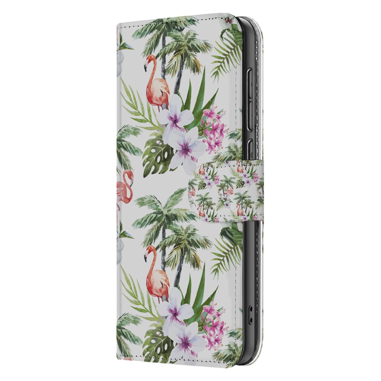 Samsung Galaxy S25 FE Telefoonhoesje met Pasjes Flamingo Palms boekhoesje tropisch design aanzicht