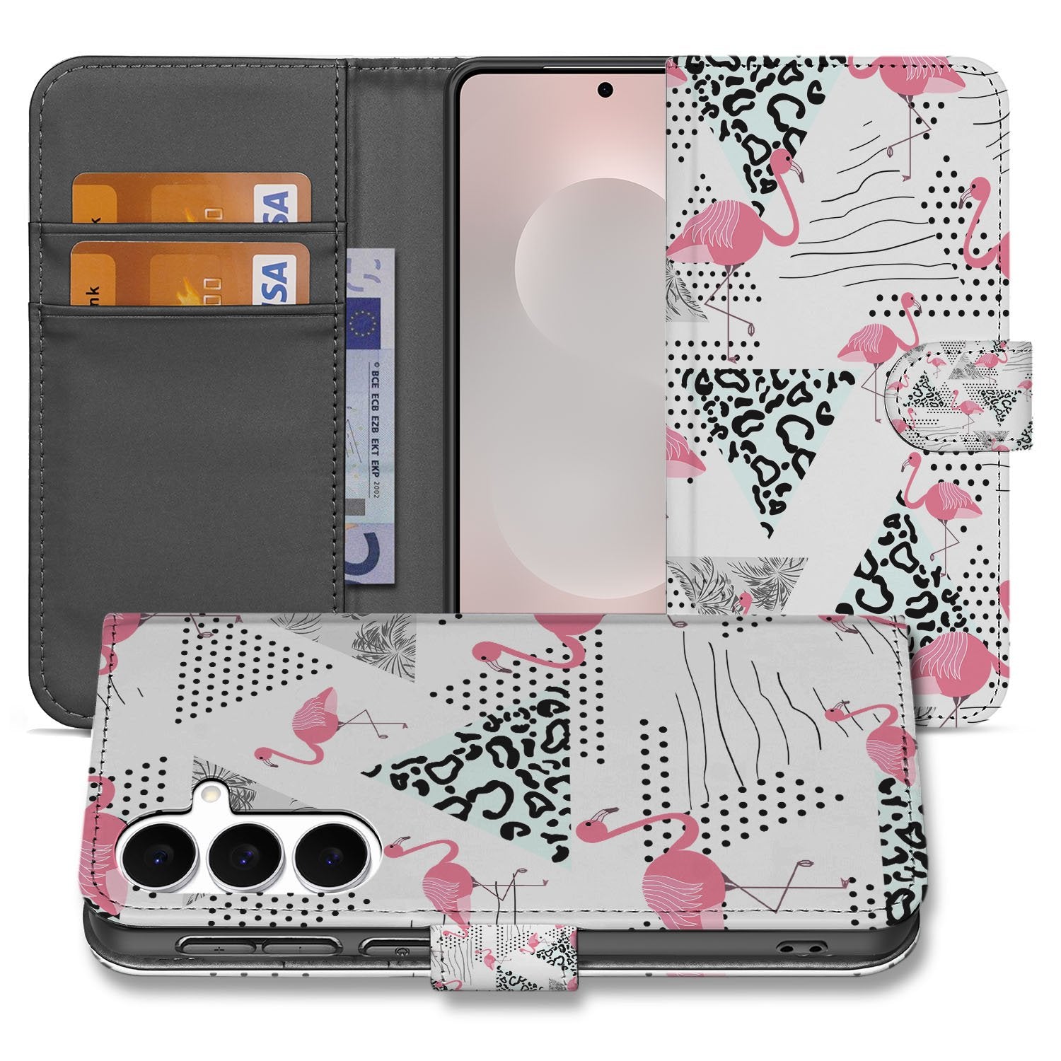 Samsung Galaxy S25 FE Telefoonhoesje met Pasjes Flamingo Triangle boekhoesje flamingo triangle design aanzicht