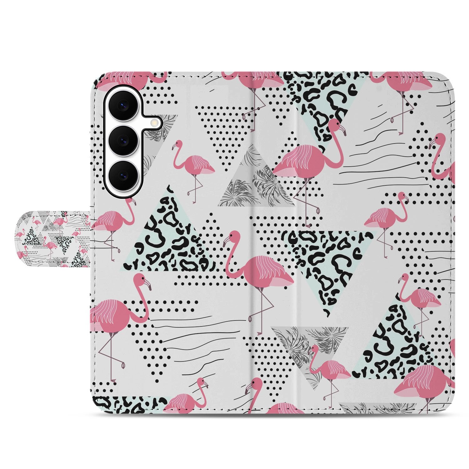 Samsung Galaxy S25 FE Telefoonhoesje met Pasjes Flamingo Triangle boekhoesje flamingo triangle design vooraanzicht