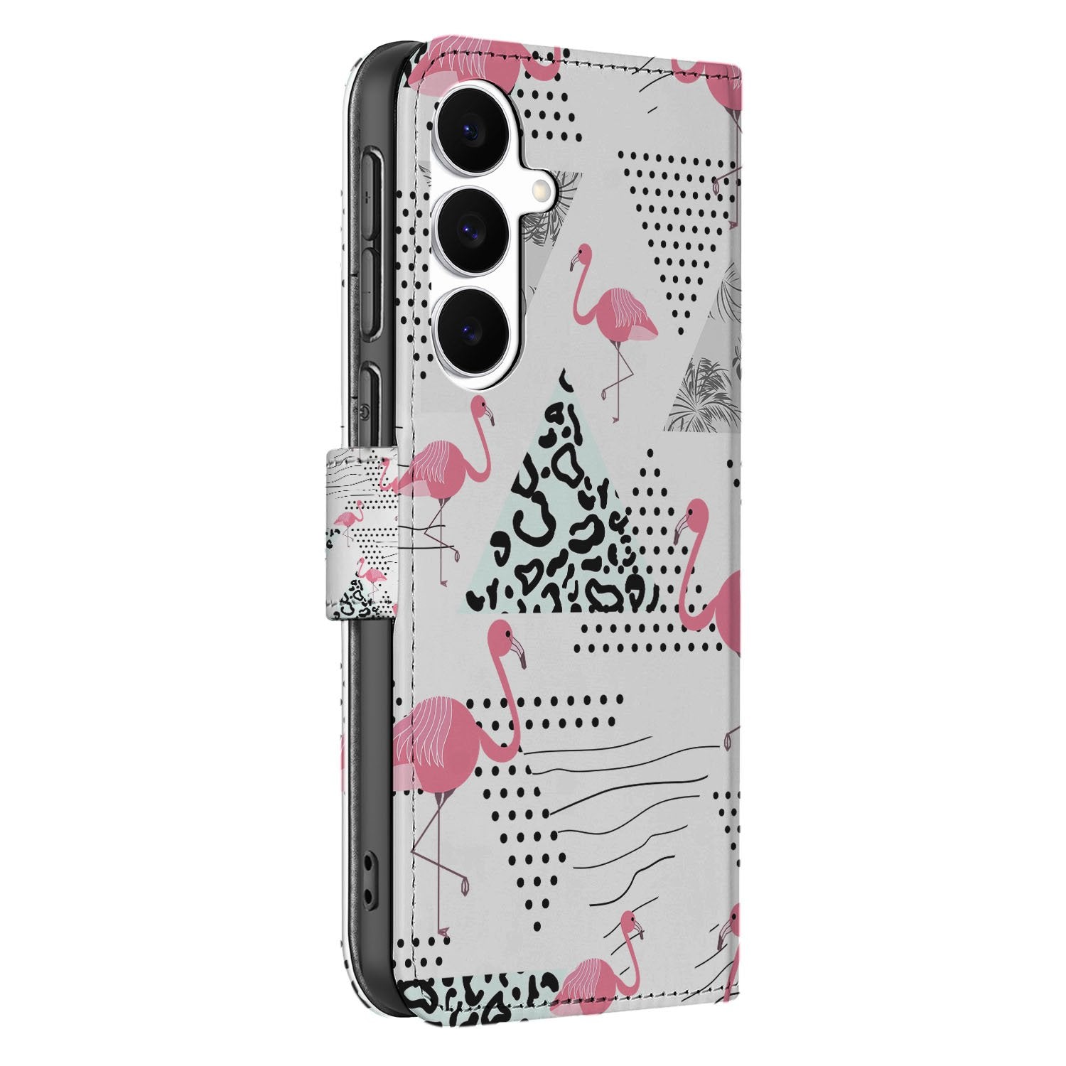 Samsung Galaxy S25 FE Telefoonhoesje met Pasjes Flamingo Triangle boekhoesje flamingo triangle ontwerp zijkant