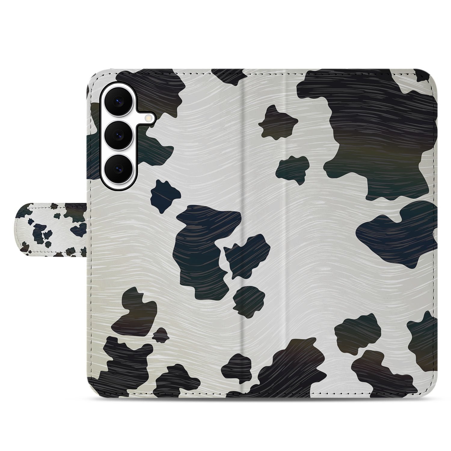 Samsung Galaxy S25 FE Telefoonhoesje met Pasjes Koeienvlekken design zwart-wit aanzicht