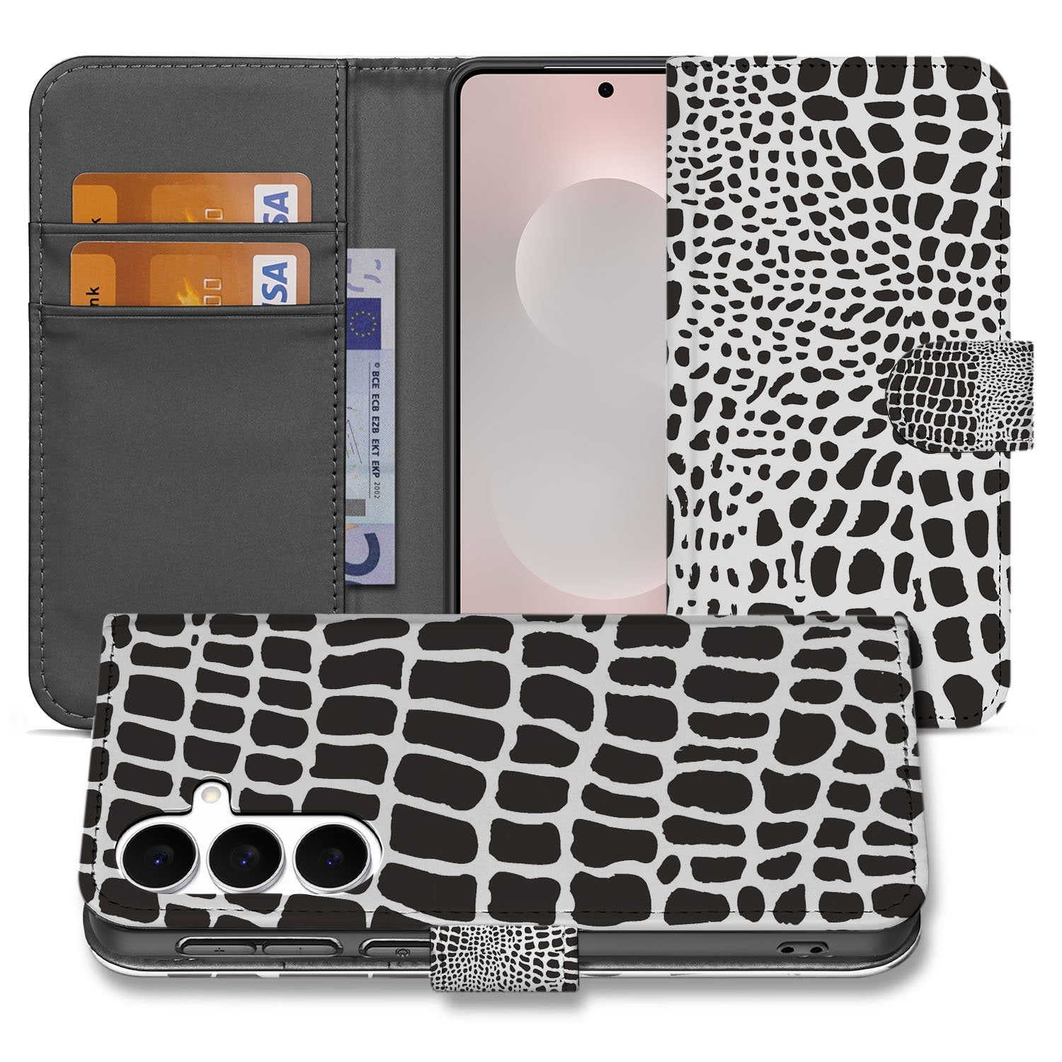 Samsung Galaxy S25 FE Telefoonhoesje met Pasjes Slangenprint boekhoes zwart wit design aanzicht