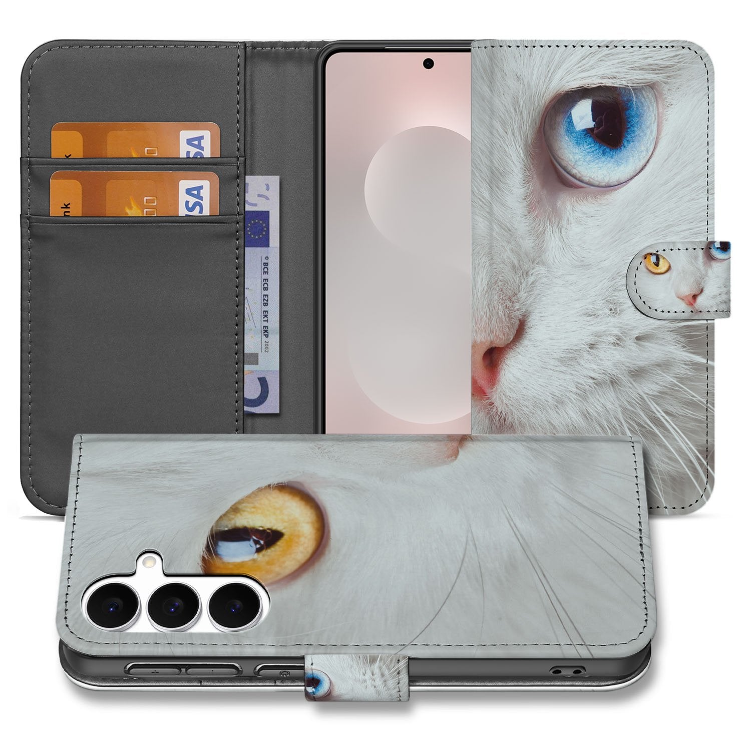 Samsung Galaxy S25 FE Telefoonhoesje met Pasjes Witte Kat book case design witte kat voorkant