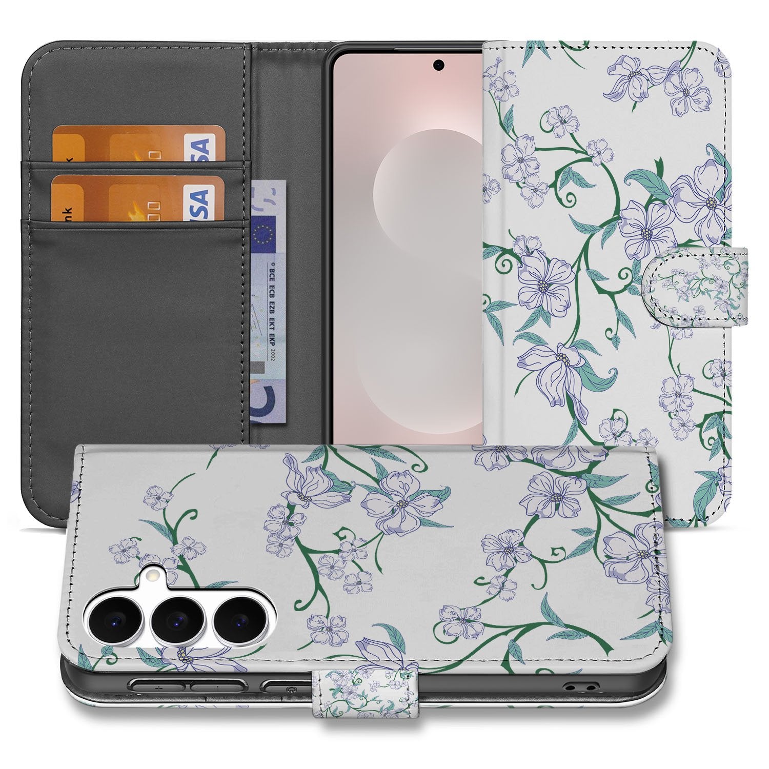 Samsung Galaxy S25 FE Uniek Hoesje Blossom White boekhoesje bloemenpatroon binnenzijde