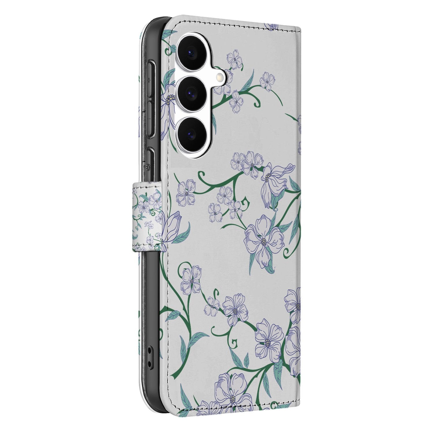 Samsung Galaxy S25 FE Uniek Hoesje Blossom White boekhoesje designnaam bloemenpatroon aanzicht