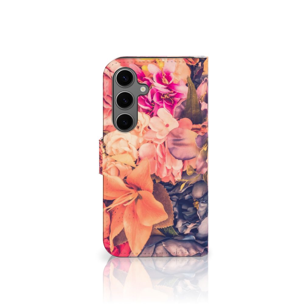 Samsung Galaxy S25 Hoesje Bosje Bloemen boekhoesje bloemen roze oranje paarse voorkant