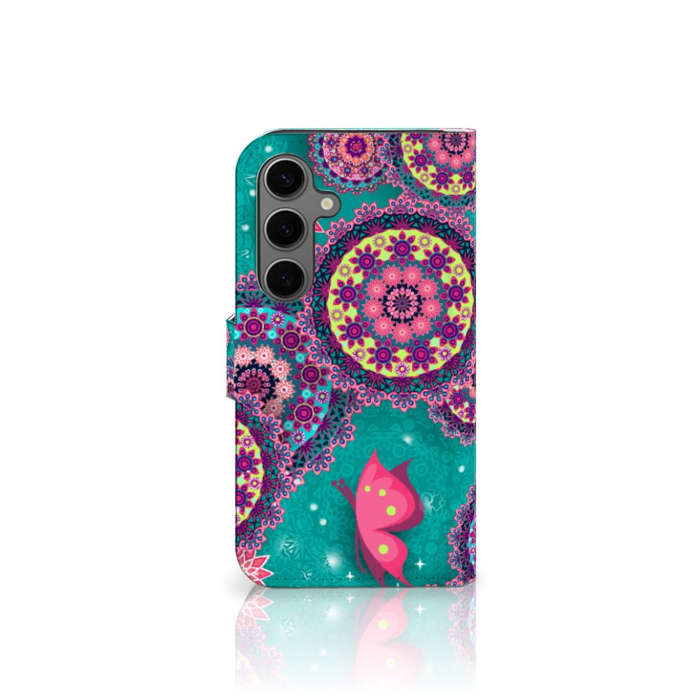 Samsung Galaxy S25 Hoesje Cirkels en Vlinders bookstyle case met vlinders en cirkels donkerblauw
