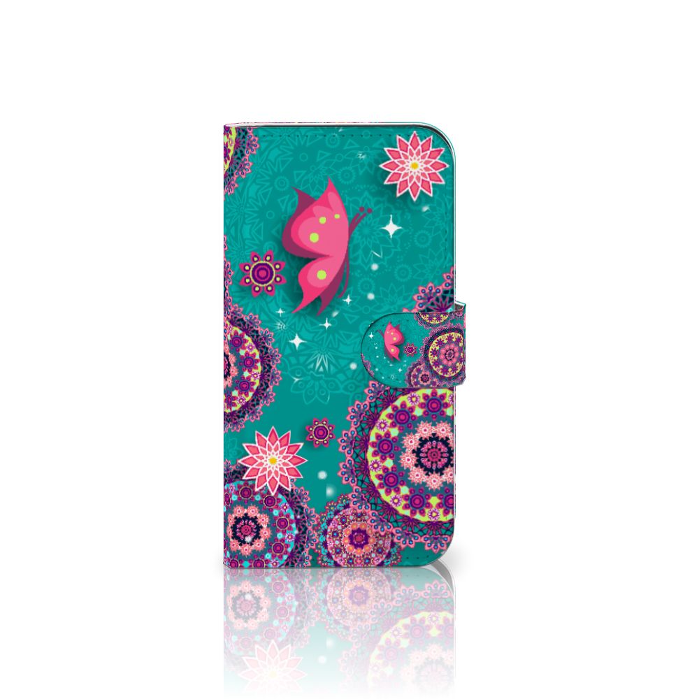 Samsung Galaxy S25 Hoesje Cirkels en Vlinders bookstyle kleurrijk design zijaanzicht