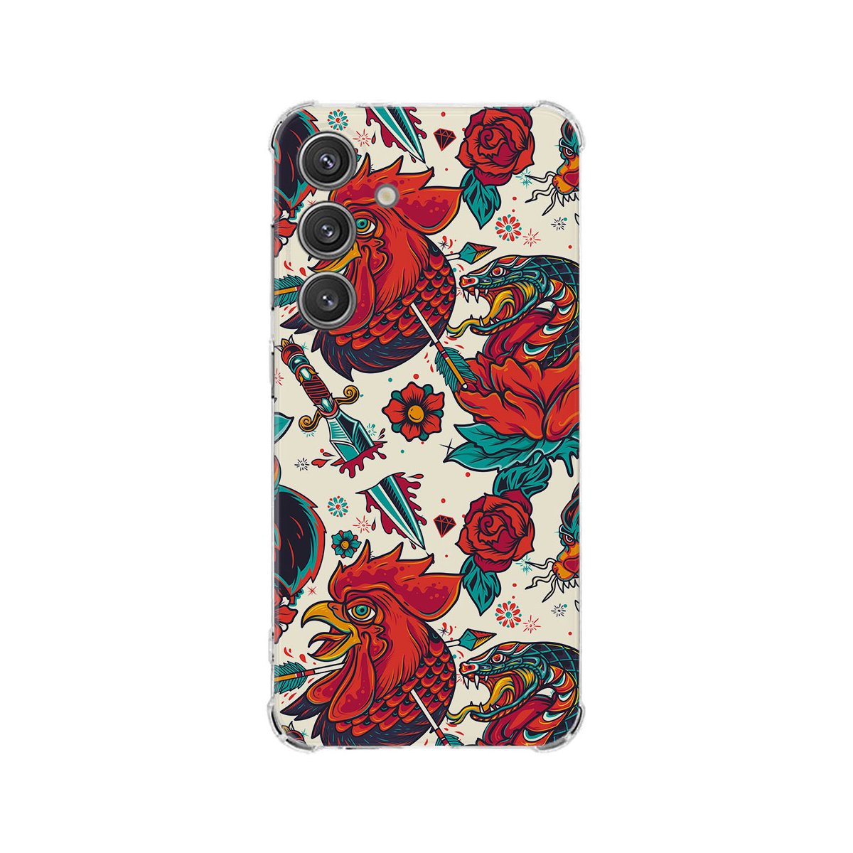 Samsung Galaxy S25 Hoesje - Old Skool TPU Antishock rooster bloemen patroon