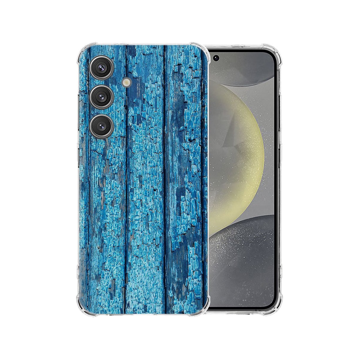 Samsung Galaxy S25 Hoesje Wood Blue TPU Antishock achterkant met verweerd houtdesign