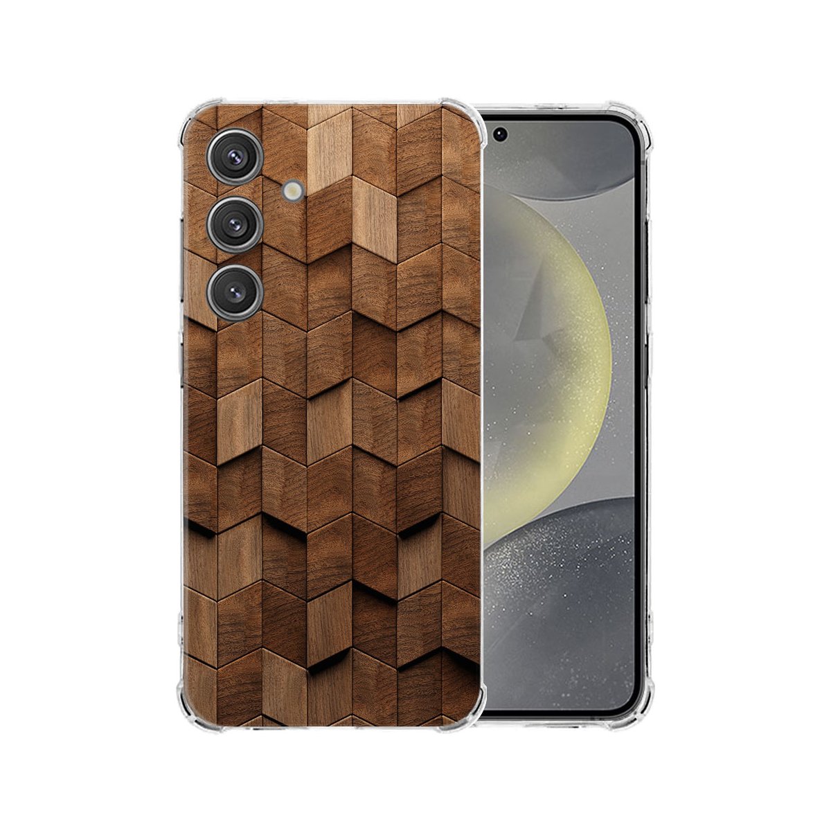 Samsung Galaxy S25 Hoesje - Wooden Cubes TPU Antishock houten blokken design achterzijde