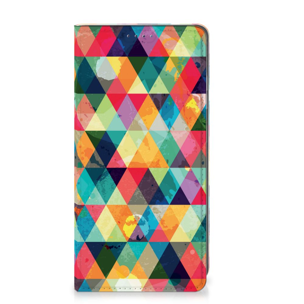Samsung Galaxy S25 Hoesje met Magneet Geruit kleurrijk driehoekig design voorkant